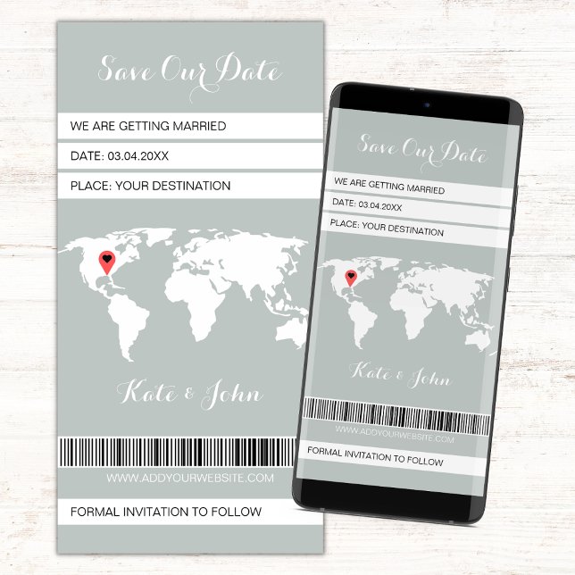 Carte d'embarquement électronique Destination Sage (save the date digital boarding pass invitation, save our date sage green and white evite)