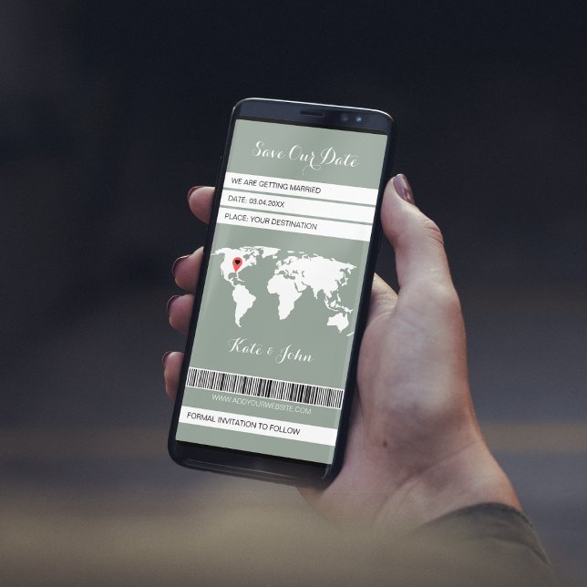 Carte d'embarquement électronique Destination Sage (save the date boarding pass electronic ticket sage green world map destination wedding)