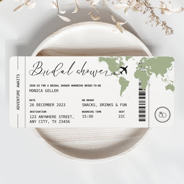 Carte d'embarquement Fête des mariées Voyage Sage  (bridal shower boarding pass invitation sage green)