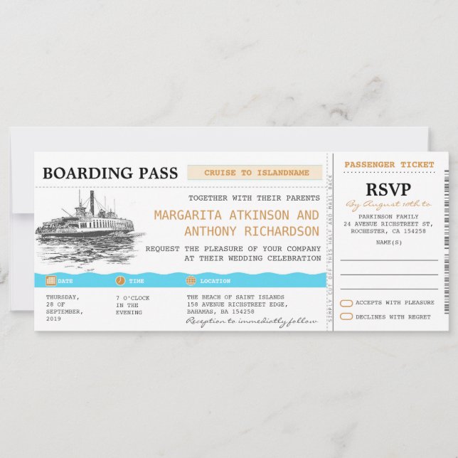carte d'embarquement invite de mariage avec RSVP (Devant)