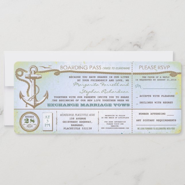 Carte d'embarquement mariage vintage avec RSVP (Devant)