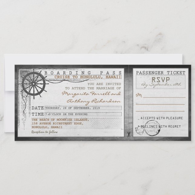 Carte d'embarquement mariage vintage avec RSVP (Devant)