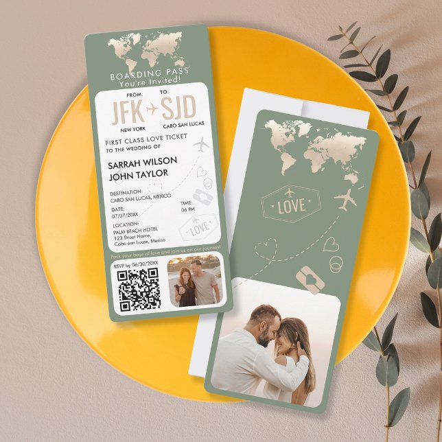 Carte d'embarquement Plane Billetterie Destination (sage green vertical boarding pass wedding invitation with golden world map)