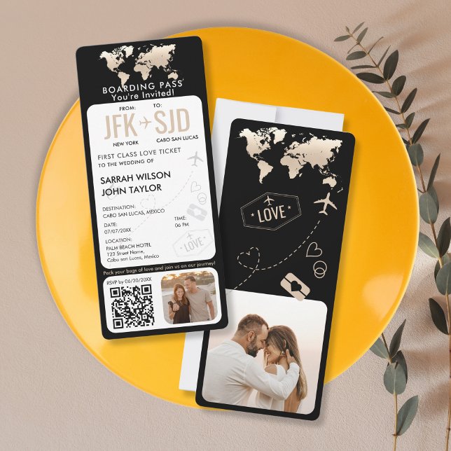 Carte d'embarquement Plane Billetterie Destination (black vertical boarding pass wedding invitation with golden world map)
