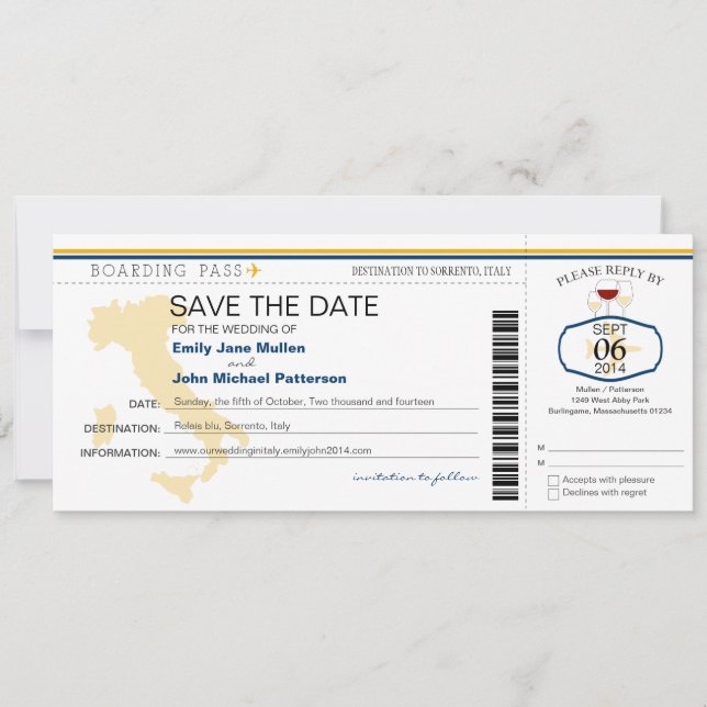 Carte d'embarquement pour l'invitation de mariage  (Devant)