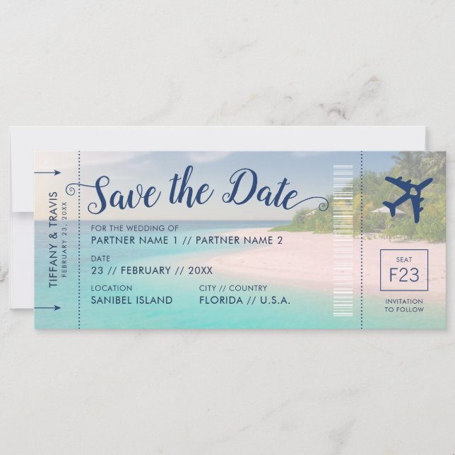 Carte d'embarquement pour mariage sur la plage tro (Devant)