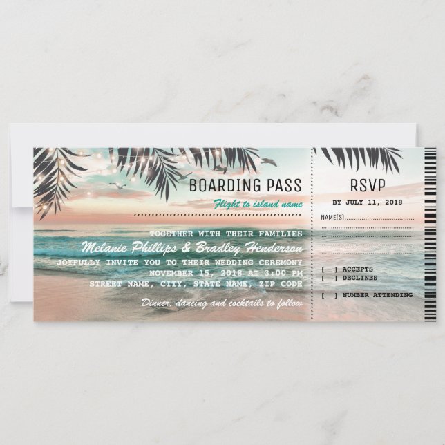  carte d'embarquement pour mariage sur plage tropi (Devant)
