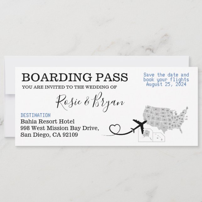 Carte d'embarquement pour un mariage à San Diego,  (Devant)
