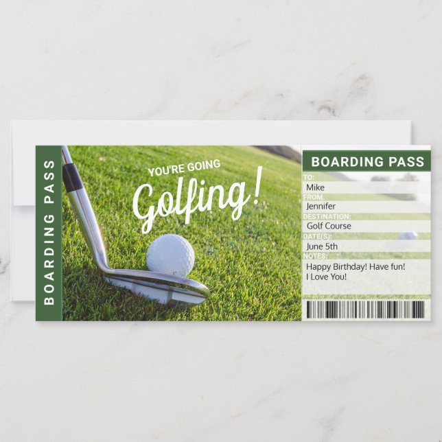 Carte d'embarquement pour un voyage de golf (Devant)