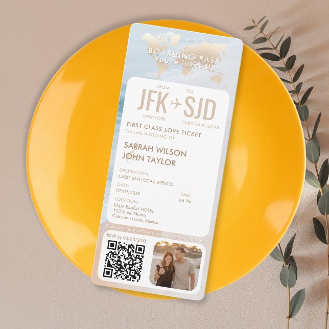 Carte d'embarquement Tropical Beach Destination (modern vertical boarding pass wedding invitation in beige tones with tropical beach background)