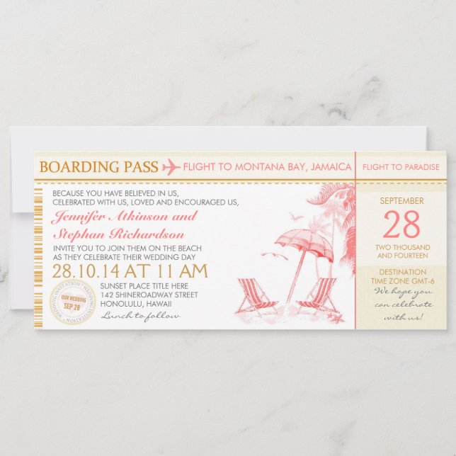 carte d'embarquement tropicale destination mariage (Devant)