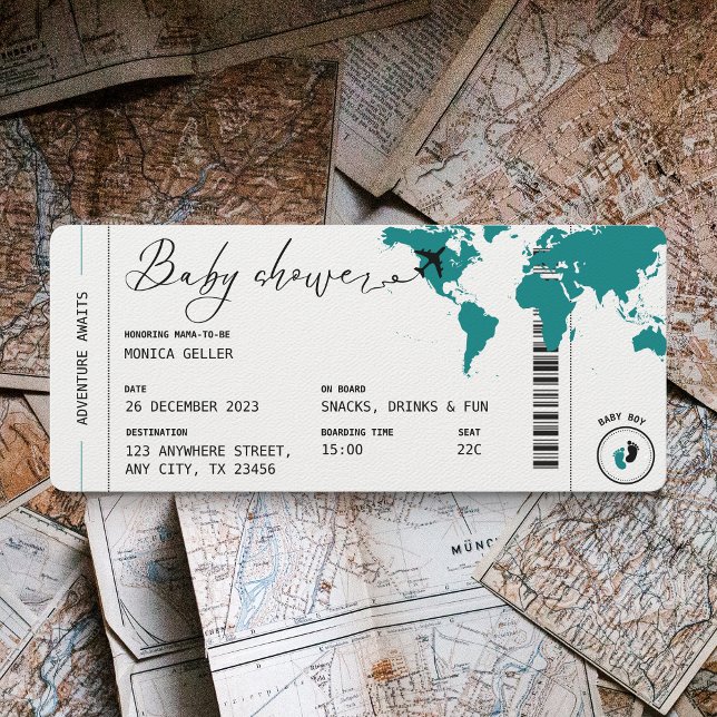 Carte d'embarquement turquoise Baby shower de voya (Teal Boarding Pass Baby Shower invitation)
