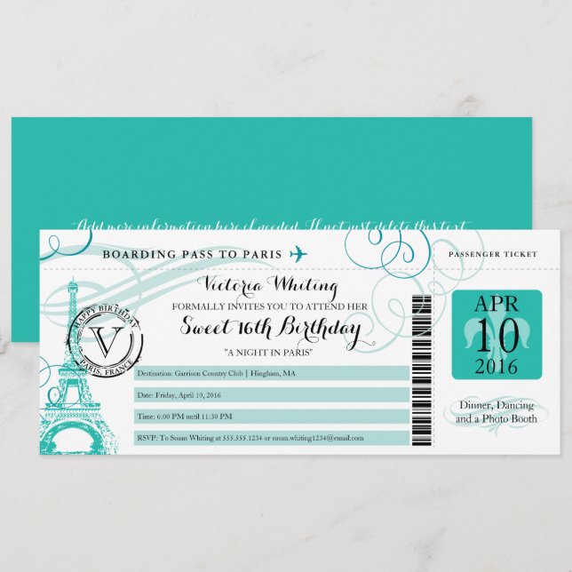 Carte d'embarquement turquoise pour l'anniversaire (Devant / Derrière)