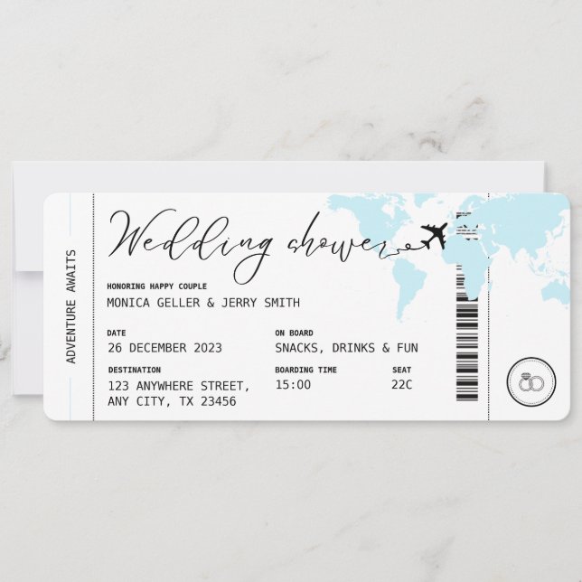 Carte d'embarquement Voyage Wedding shower bleu (Devant)