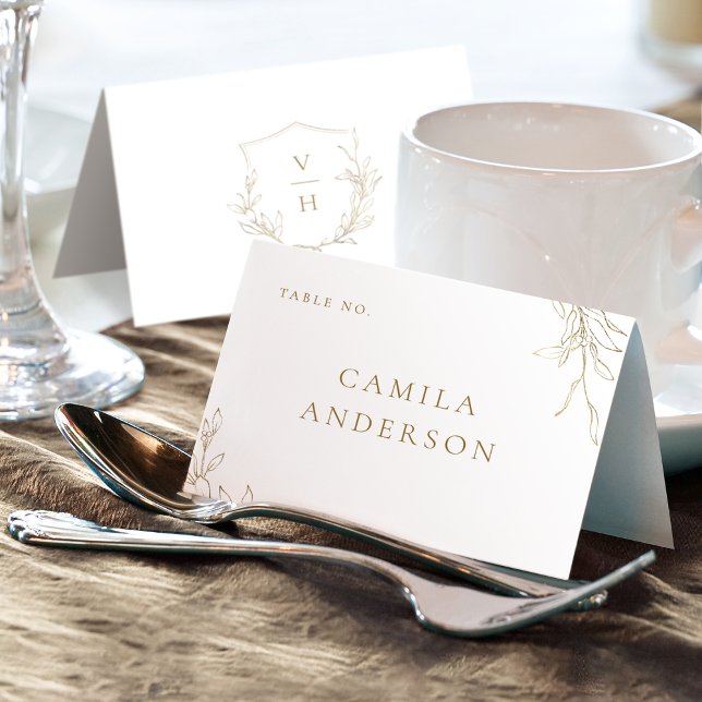 Carte d'emplacement simple or de crête botanique m (Gold simple botanical crest monogram place card)