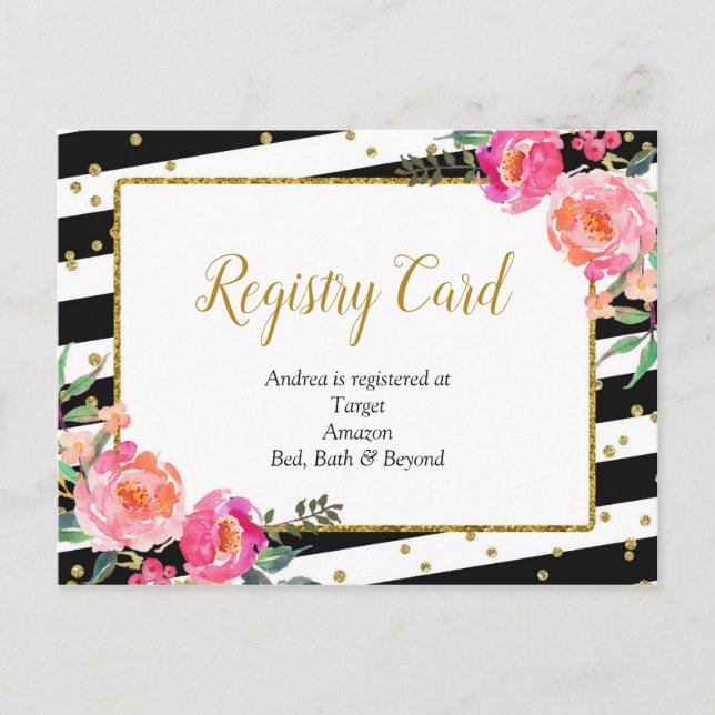 Carte d'enregistrement floral rayé noir blanc (Devant)