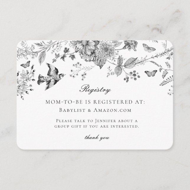 Carte d'enregistrement pour bébé Floral Toile Noir (Devant)