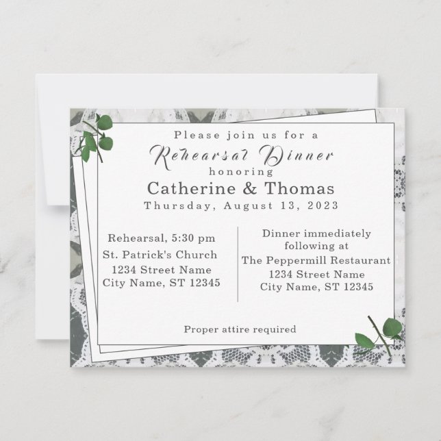Carte Dentelle blanche et dîner de répétition des Feuill (Devant)