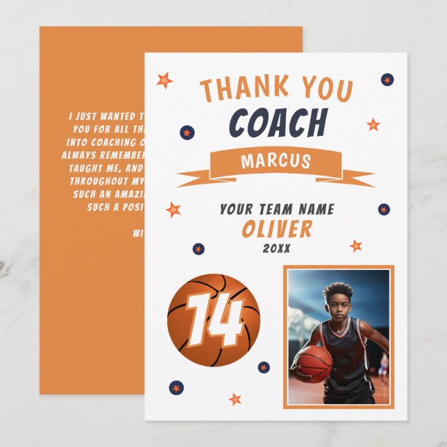 Carte d'entraîneur Merci photo de balle de basket  (Devant / Derrière)