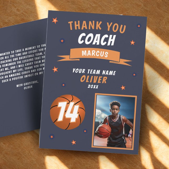 Carte d'entraîneur Merci photo de balle de basket  (Créateur téléchargé)
