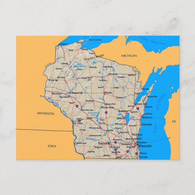 Carte des cartes postales du Wisconsin (Devant)
