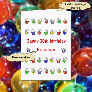 Carte Des cupcakes colorés personnalisés à 30 ans