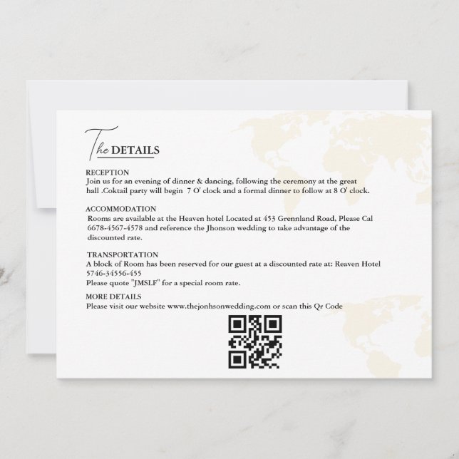 Carte des détails du mariage du thème Voyage de de (Devant)