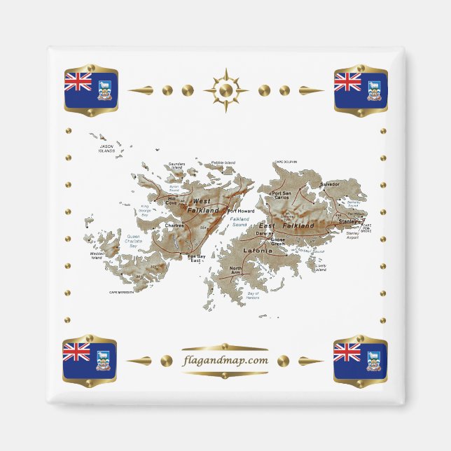 Carte des îles Falkland + drapeaux Magnet (Devant)
