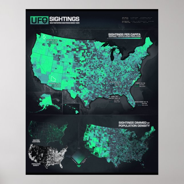 Carte des observations OVNI 16" x 20" Poster (Matt (Devant)