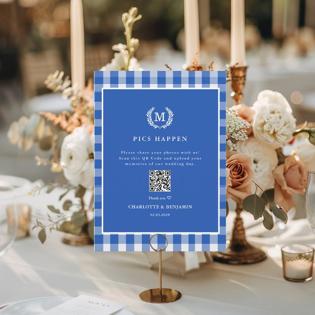 Carte DES PHOTOS SE PRODUISENT ! Galerie de Mariages En  (PICS HAPPEN! QR Code Blue Gingham Wedding Gallery Card)