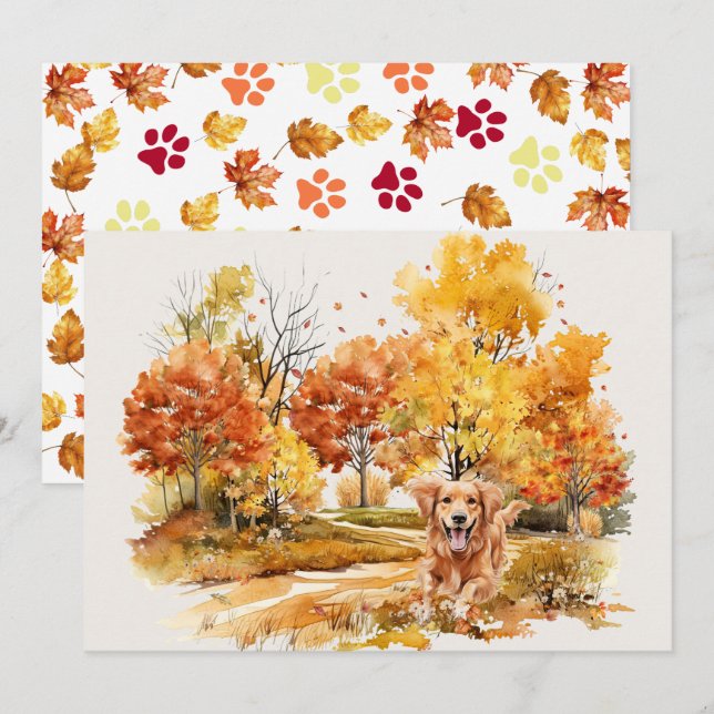 Carte Design Chien Automne Aquarelle - Golden Retriever (Devant / Derrière)