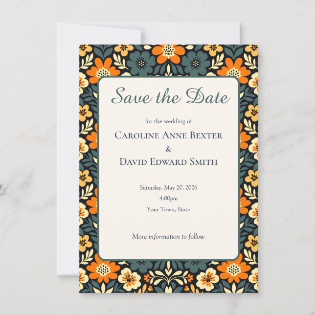 Carte Design floral moderne sarcelle et orange Enregistr (Devant)