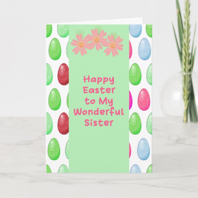 Carte Design Pâques vert pour votre soeur avec des oeufs (Devant)