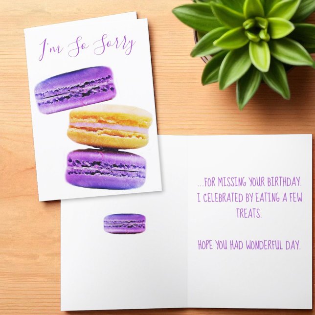Carte Désolé Purple Macaron Cookies Anniversaire (template greeting card cover and inside text)