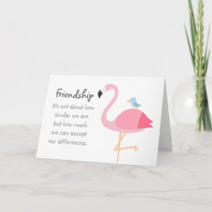 Carte Dessin animé d'amitié : Flamant rose avec oiseau b