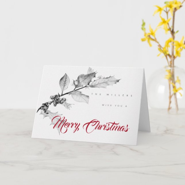 Carte Dessin au crayon de branche de houx de Noël Élégan (Fleur jaune)