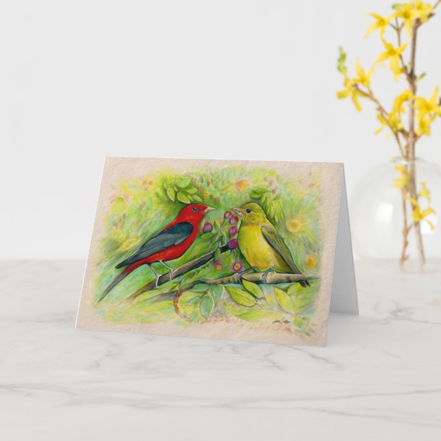 Carte Dessin au crayon de couleur aquarelle des tanagers (Fleur jaune)