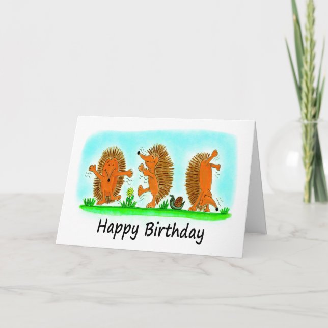 Carte Dessin d'anniversaire Caricature de Hérisson dansa (Devant)