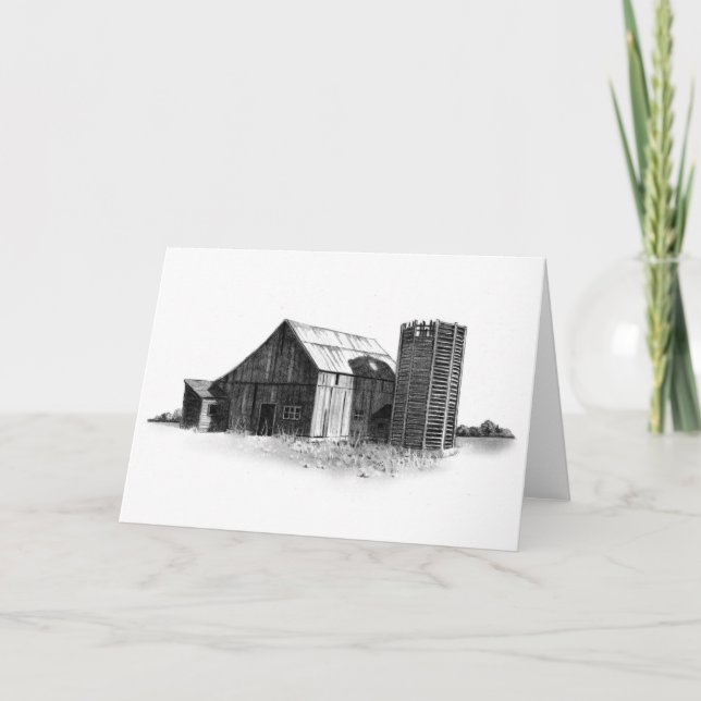 CARTE DESSIN DE PENCILE : VIEUX BARN, SILO : RÉALISME (Devant)