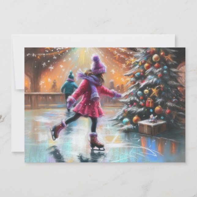 Carte Dessin dur Pastel Patinage sur glace de Noël (Devant)