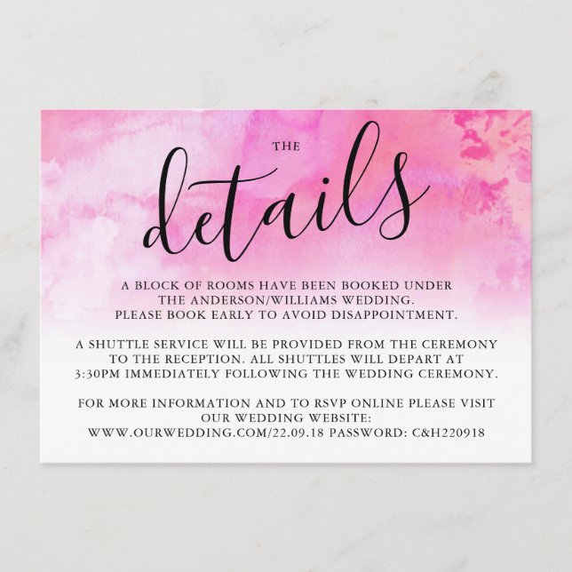 Carte Détail du Mariage Ombre Watercolor - Rose (Devant)
