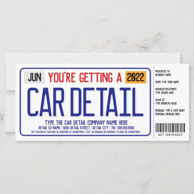 Carte Détail du véhicule Certificat cadeau de plaque de  (Devant)