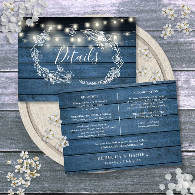 Carte Détails du Mariage Blue Wood String Lights (Blue Wood String Lights Wedding Details Card)