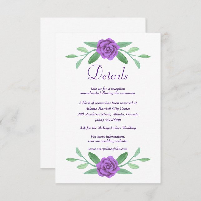 Carte Détails du Mariage de Bow Diamond Bleu Viole (Devant / Derrière)