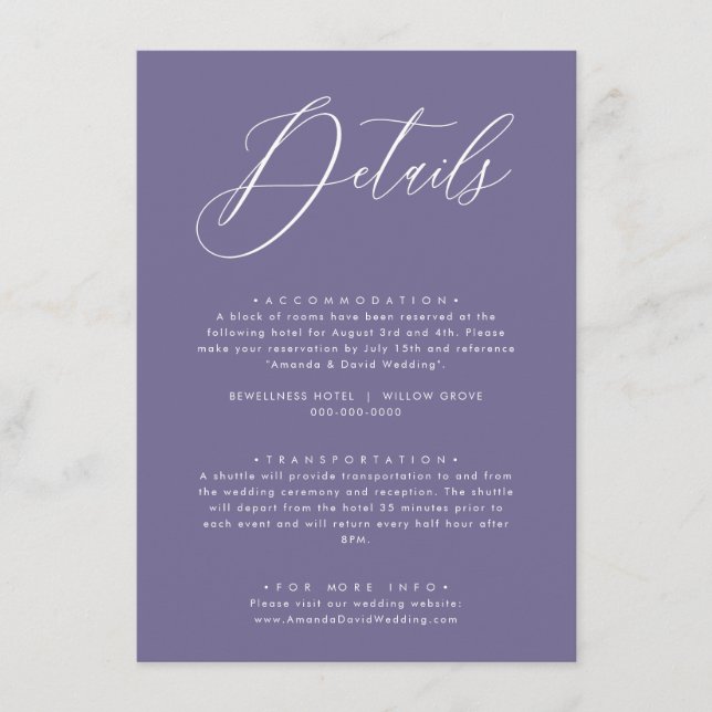 Carte Détails du Mariage Lavender Purple Lilac (Devant)