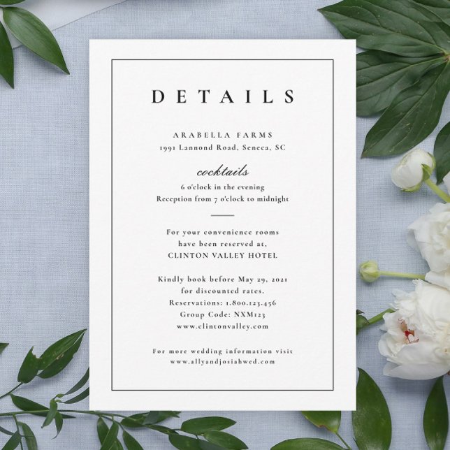 Carte Détails du Mariage noir et blanc classique Boîtier (Simple Typographic Wedding Invitation Details Enclosure Card.)