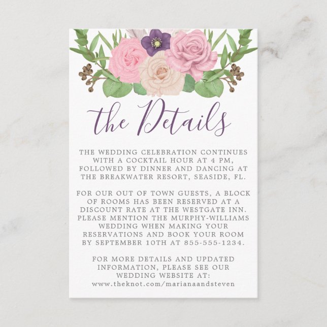 Carte Détails du Mariage rose violet (Devant)