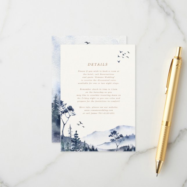 Carte Détails du Mariage Watercolor Blue Mountain (Devant/Arrière en situation)