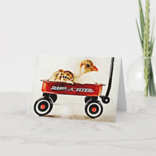 Carte Deux bébés poussins en Wagon rouge