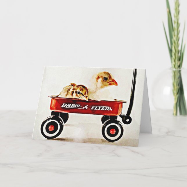 Carte Deux bébés poussins en Wagon rouge (Devant)